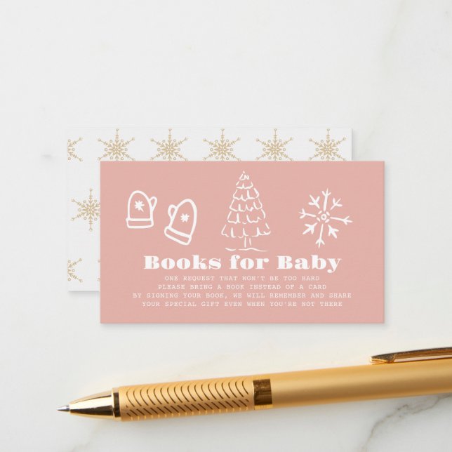 Carte D'accompagnement Winter Pink Hand-Drawn Baby Shower Book Request (Devant/Arrière en situation)