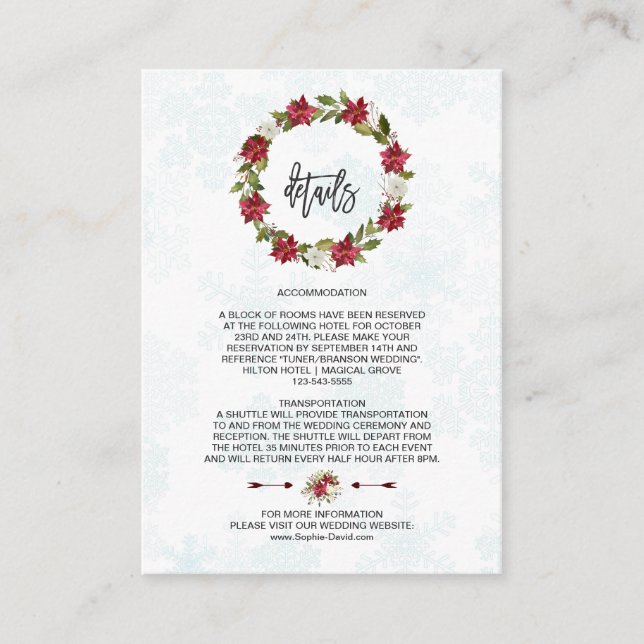 Carte D'accompagnement Winter Poinsettia Snowflakes Détails du Mariage (Devant)