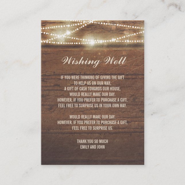 Carte D'accompagnement Wishing well String Lights Barre Mariage en bois (Devant)