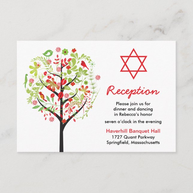Carte d'accueil Bat mitzvah rouge Arbre de vie (Devant)