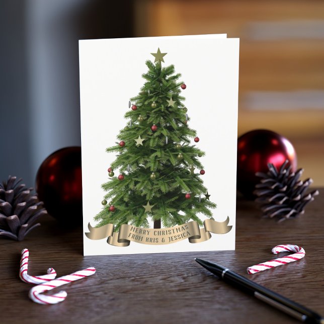 Carte d'accueil Joyeux Noël (Merry Christmas! Just add your names and festive message to this elegant Christmas tree holiday card)