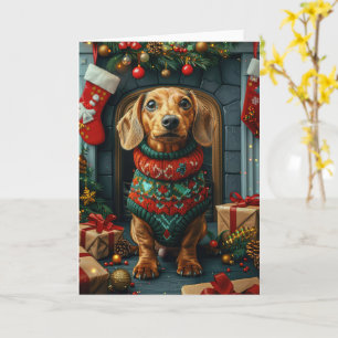 Carte Dachshund au coin de la cheminée avec des cadeaux 