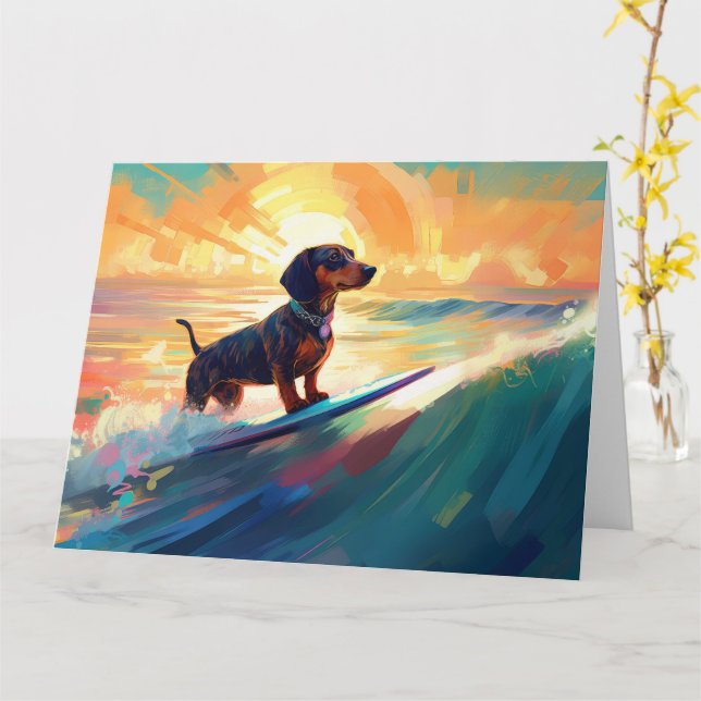 Carte Dachshund Beach Surf Peinture (Fleur jaune)