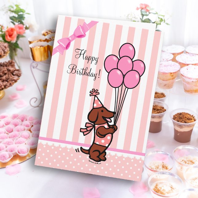 Carte Dachshund Caricature Ballons rose Anniversaire (Dachshund Cartoon Birthday Pink Balloons Greeting Card for Dachshund Owners!  Cute Doxie design.)