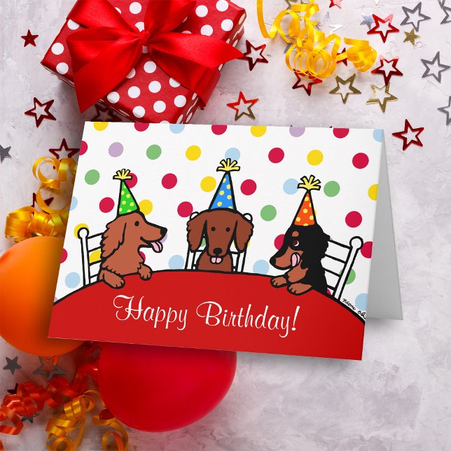 Carte Dachshund Caricature pour l'anniversaire (Dachshund Cartoon Birthday Card for Doxie Owners!  Colorful polka dot background.  Cute three pups.)