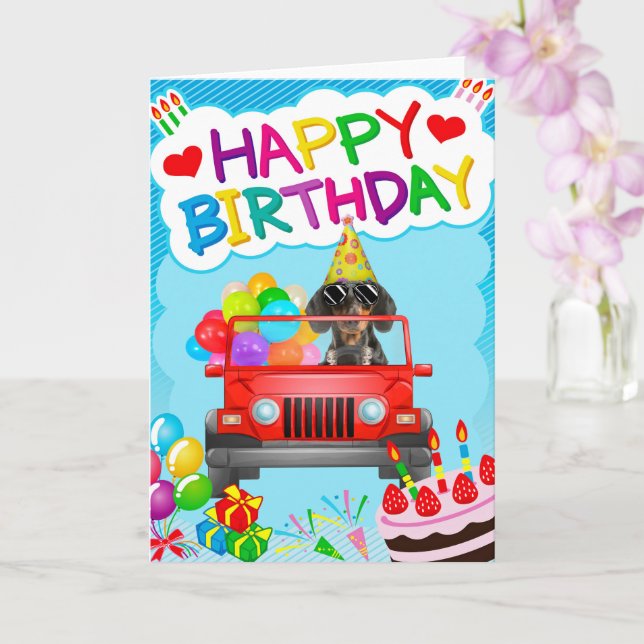Carte Dachshund Chien conduisant avec des ballons Annive (Orchidée)