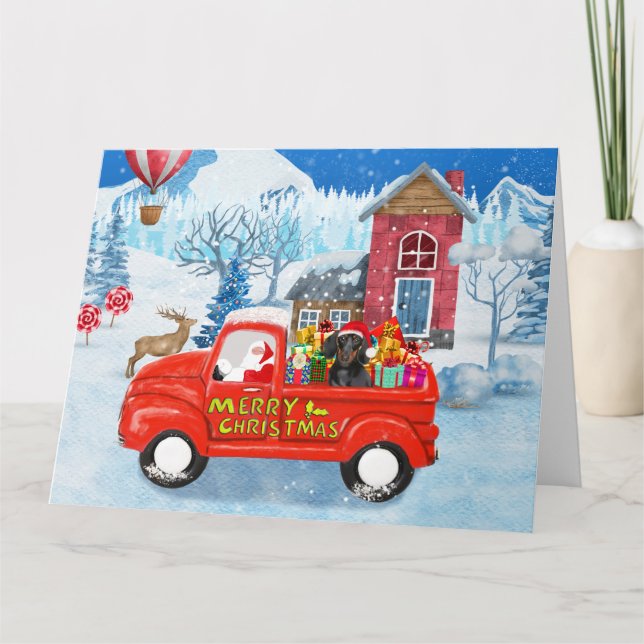 Carte Dachshund Chien en livraison de Noël Camion Neige (Devant)
