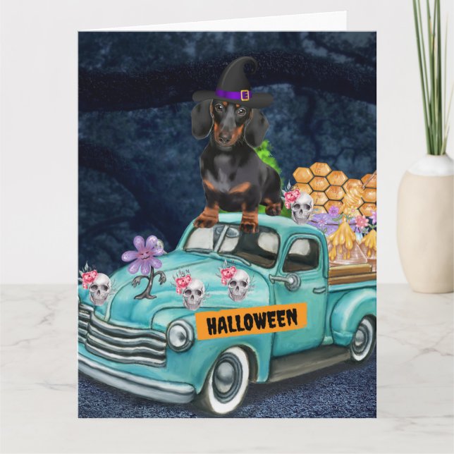 Carte Dachshund Chien Halloween Camion Effrayant Nuit (Devant)