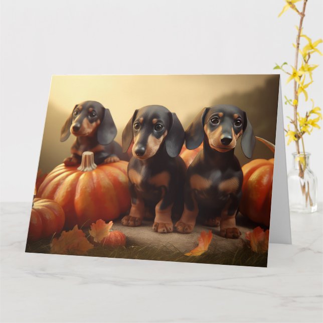 Carte Dachshund Chiot Automne Délice Citrouille (Fleur jaune)