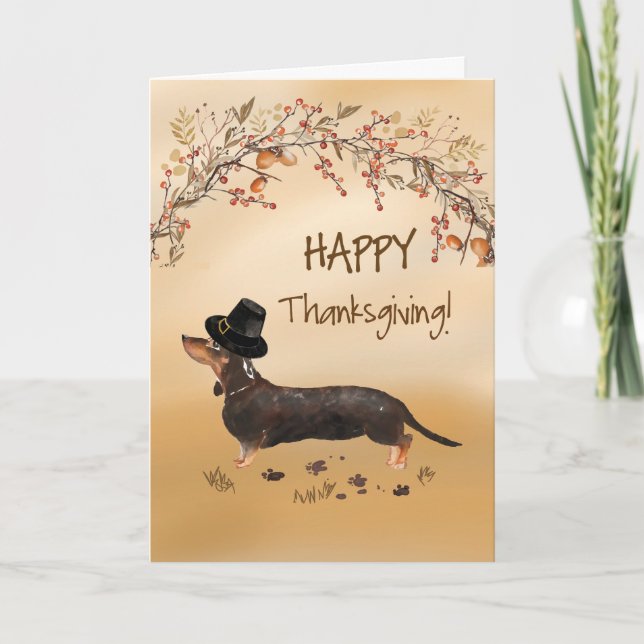 Carte Dachshund noir et feu Chapeau drôle de Thanksgivin (Devant)