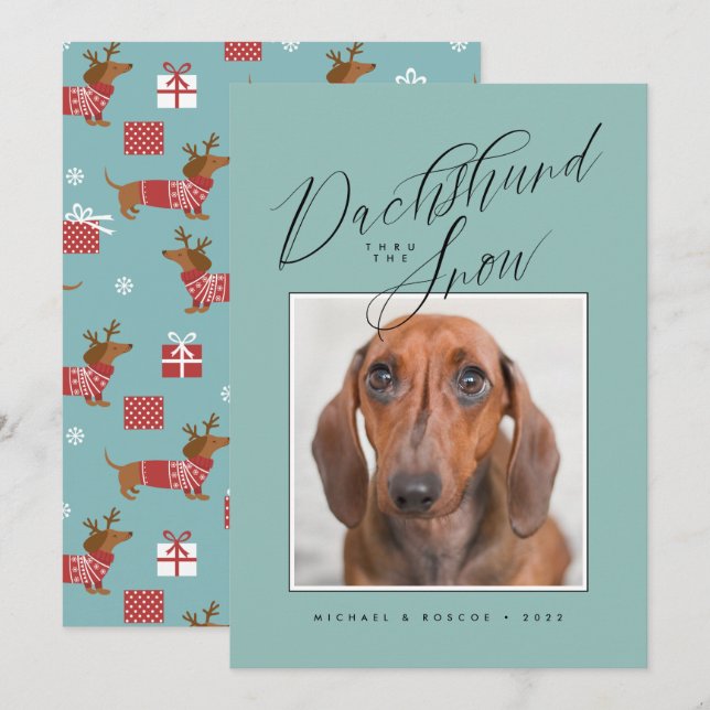 Carte DACHSHUND THRU THE SNOW Ajouter votre photo (Devant / Derrière)