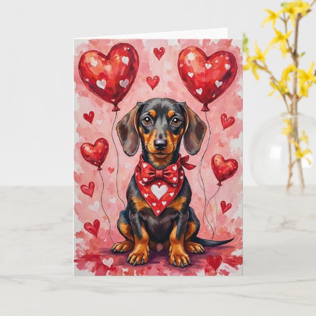 Carte Dachshund Valentine’s Day Dog with Hearts Red (Fleur jaune)