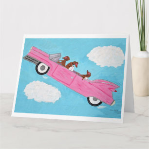 Carte Dachshunds en cabriolet rose dans le ciel