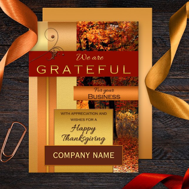 Carte d'action de grâces d'entreprise en métal or  (Business Thank You elegant gold metallic and rose gold stylized card with colorful fall forest)