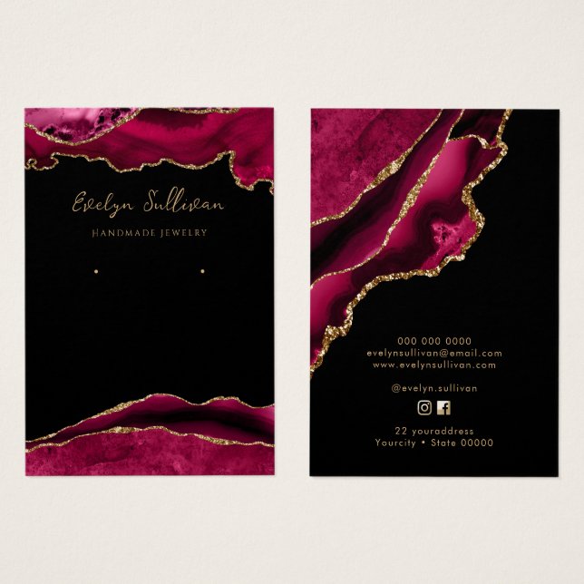 Carte d'affichage de bijoux magenta et or agate (Devant & derrière)