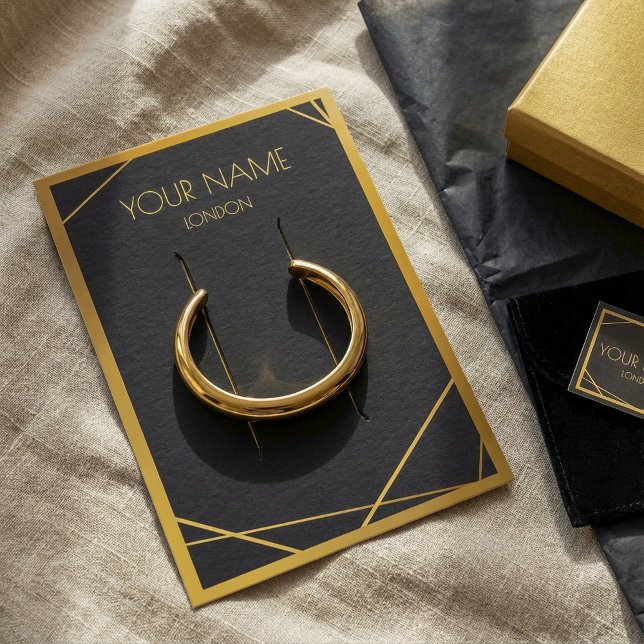 Carte d'affichage de bracelet noir à bordure géomé (Gold geometric border black bracelet display card.)