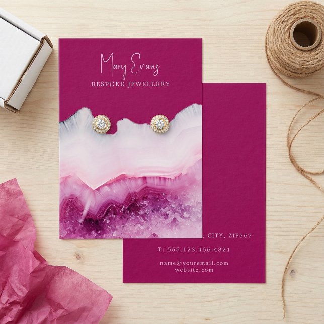 Carte d'affichage d'oreille rose (Pink agate earring display card.)