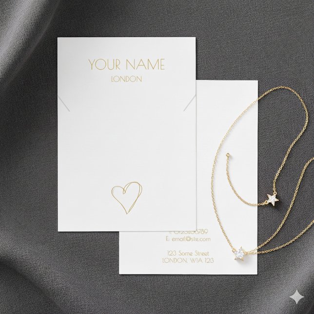 Carte d'affichage du bracelet en or blanc (White gold heart necklace bracelet display card with contact details.)