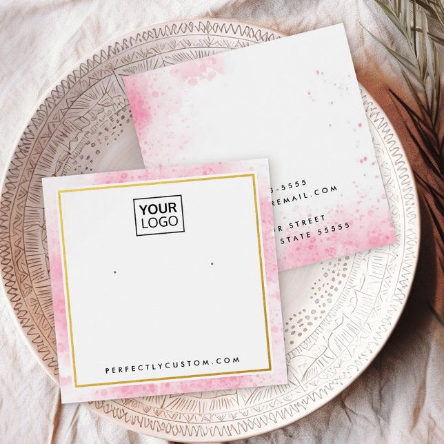 Carte d'affichage du logo de bordure en aquarelle  (Pink watercolor border logo earring display card)