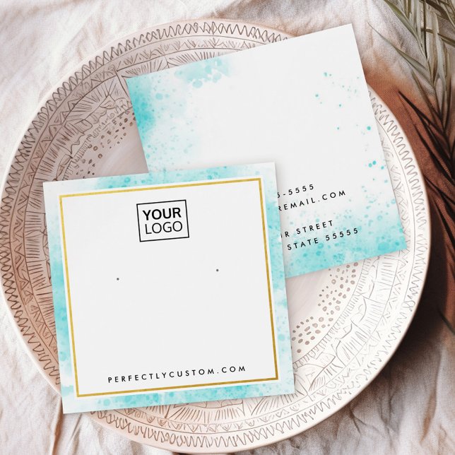 Carte d'affichage du logo de bordure en aquarelle  (Blue watercolor border logo earring display card)