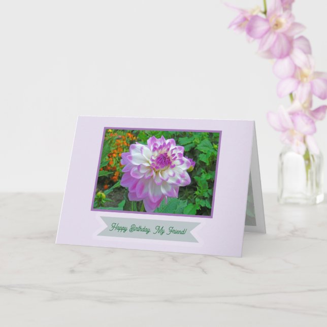 Carte Dahlia rose et blanc/Joyeux anniversaire, Mon ami (Orchidée)