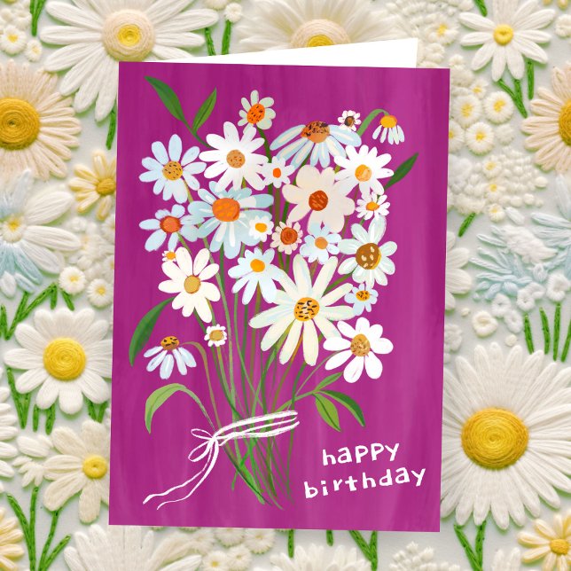 Carte Daisy Bouquet Joyeux Anniversaire Gouache peint à  (Daisy Bouquet Happy Birthday Handpainted Gouache CUSTOM Bday Card
)