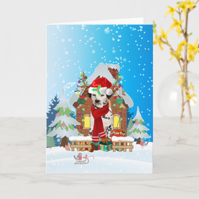 Carte Dalmatien dans la neige avec des cadeaux de Noël (Fleur jaune)