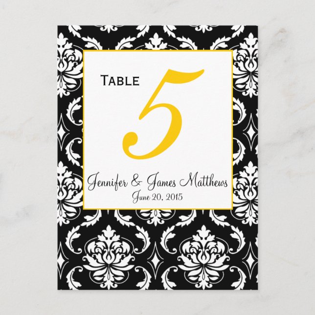 Carte Damask Yellow Mariage Numéro de table (Devant)