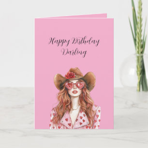 Carte Dame aux Cheveux Rouges Cowgirl Cœurs Anniversaire