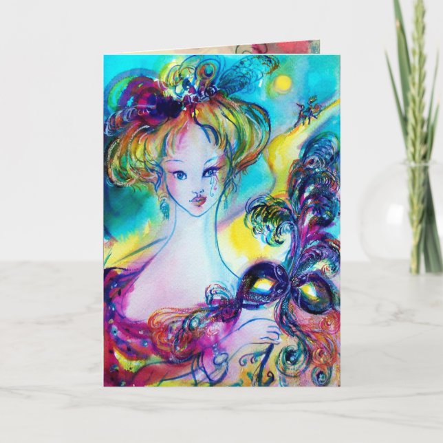 Carte DAME AVEC MASQUERADE FEATHEREE MASK Anniversaire (Devant)