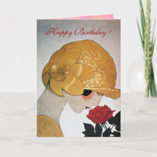 Carte DAME AVEC ROSE ROUGE Joyeux anniversaire