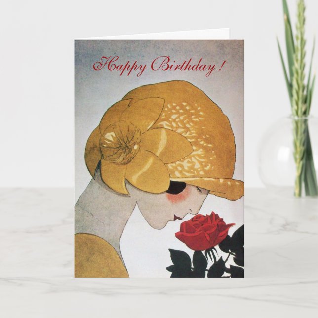 Carte DAME AVEC ROSE ROUGE Joyeux anniversaire (Devant)