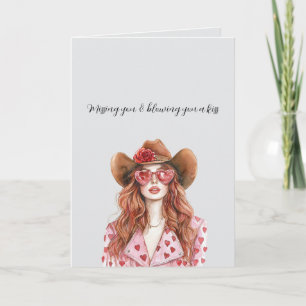 Carte Dame Cowgirl Tête Rouge Grise Vous Envoie Un Baise