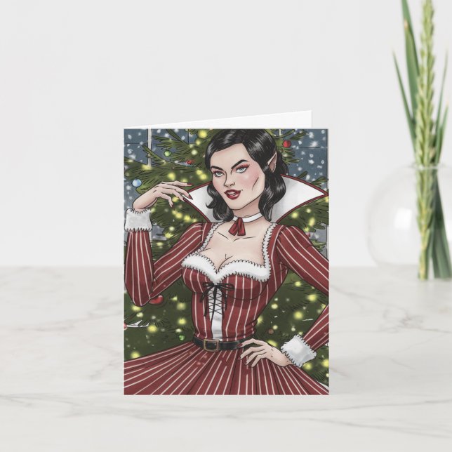 Carte Dame Vampire en robe rouge avec rayures Noël (Devant)