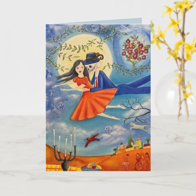 Carte d'amour éternel squelette et femme d'art fan (Fleur jaune)