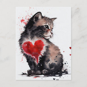 Carte d'amour mignonne chat et coeur rouge