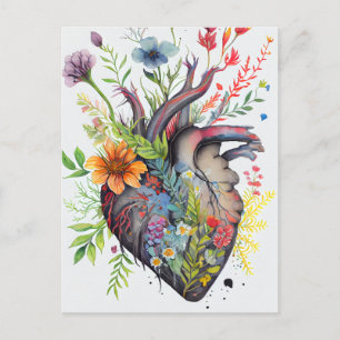 Carte d'amour pour le coeur anatomique et les fleu