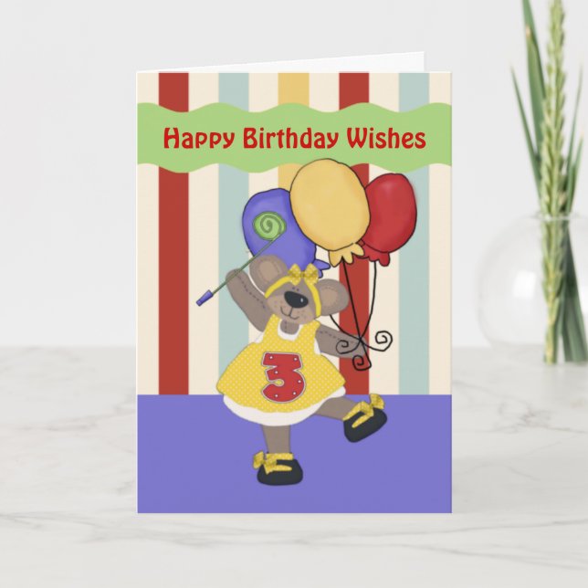 Carte Dancing Bear 3 ans Girl Birthday Card (Devant)