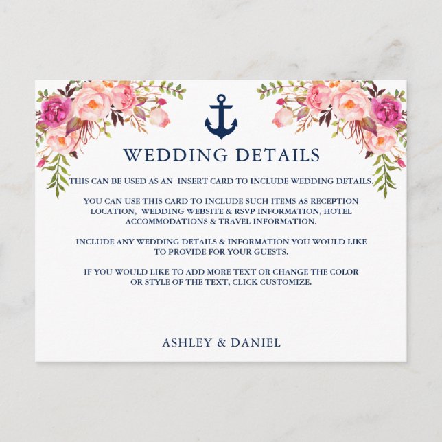 Carte d'Ancre marine rose Floral Mariage Détails (Devant)