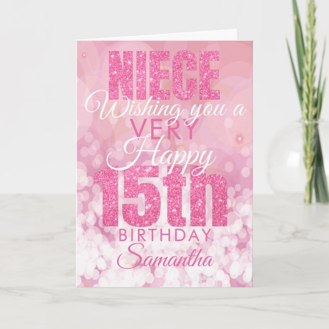 Carte d'anniversaire 15 ans Nièce Rose Pailleté Fé (Devant)