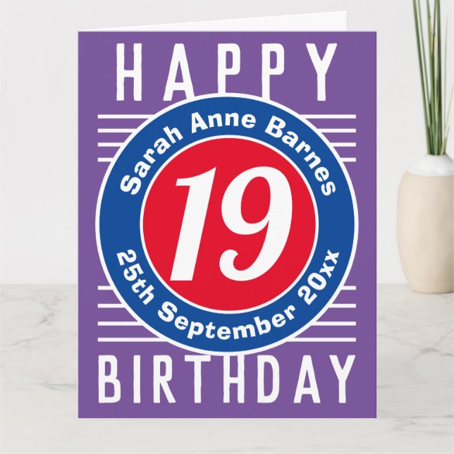 Carte d'anniversaire 19e avec âge, nom et date (Devant)
