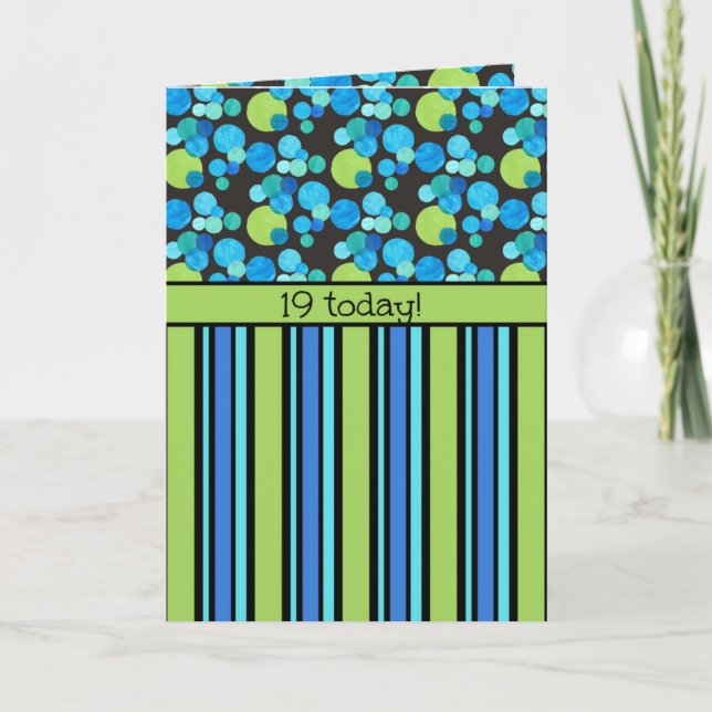 Carte d'anniversaire 19e : Lunes bleues et rayures (Devant)