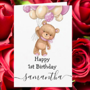 Carte d'anniversaire 1 an ballon rose ours en pelu