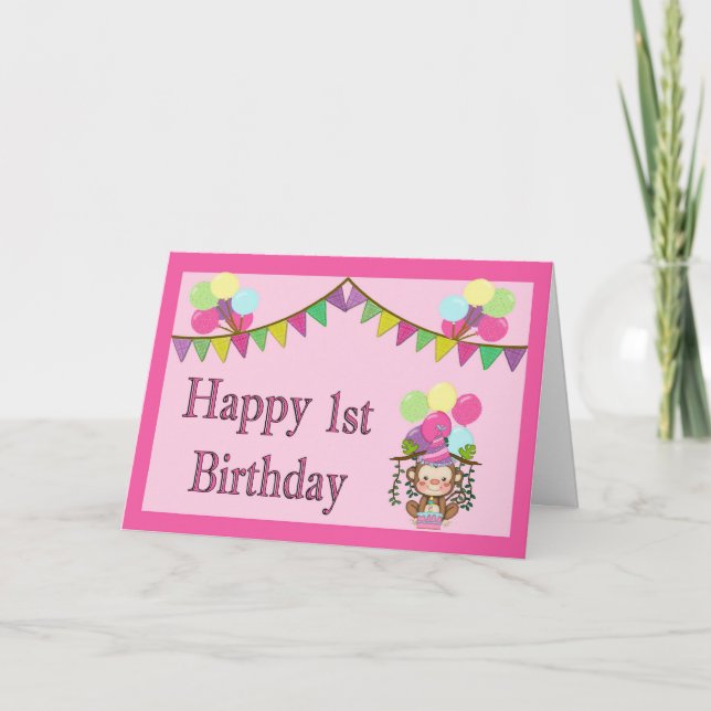 Carte d'anniversaire 1er - Singe, Pennants et Ball (Devant)