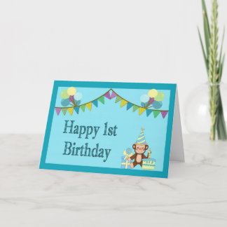 Carte d'anniversaire 1er - Singe, Pennants et Ball