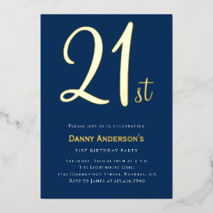 Carte d'anniversaire 21 ans moderne bleu or minima