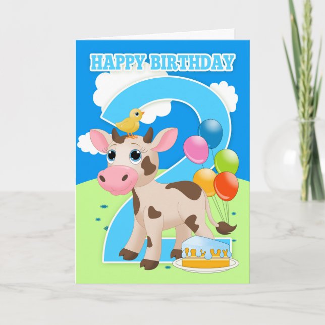 Carte d'anniversaire 2e avec petit gâteau de vache (Devant)
