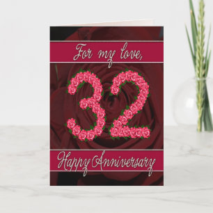 Carte d'anniversaire 32 ans avec roses et feuilles