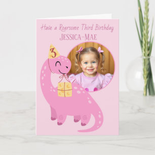 Carte d'anniversaire 3 ans Dinosaure Rose