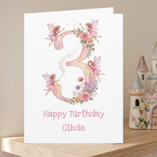 Carte d'anniversaire 3 ans fille thème fée rose